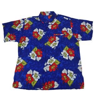 Men's Blue Floral Hawaiian Shirt - Bold Red & White Blooms